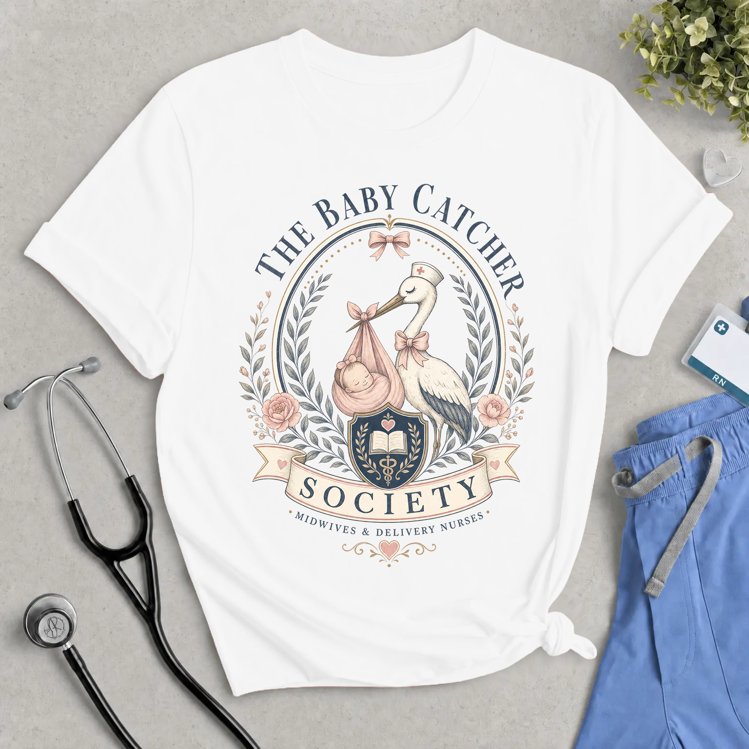 The Baby Catcher Society Tee — Maternity/Delivery Nurse Stork Graphic T-Shirt