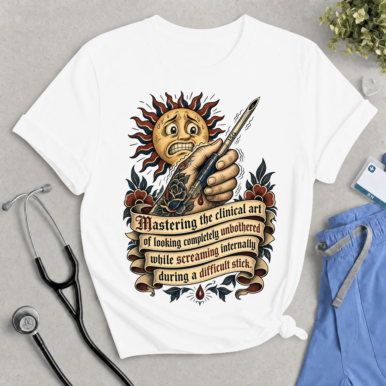 The Difficult Stick Dialysis Nurse T-Shirt - Funny Tattoo Style Cannulation Tee