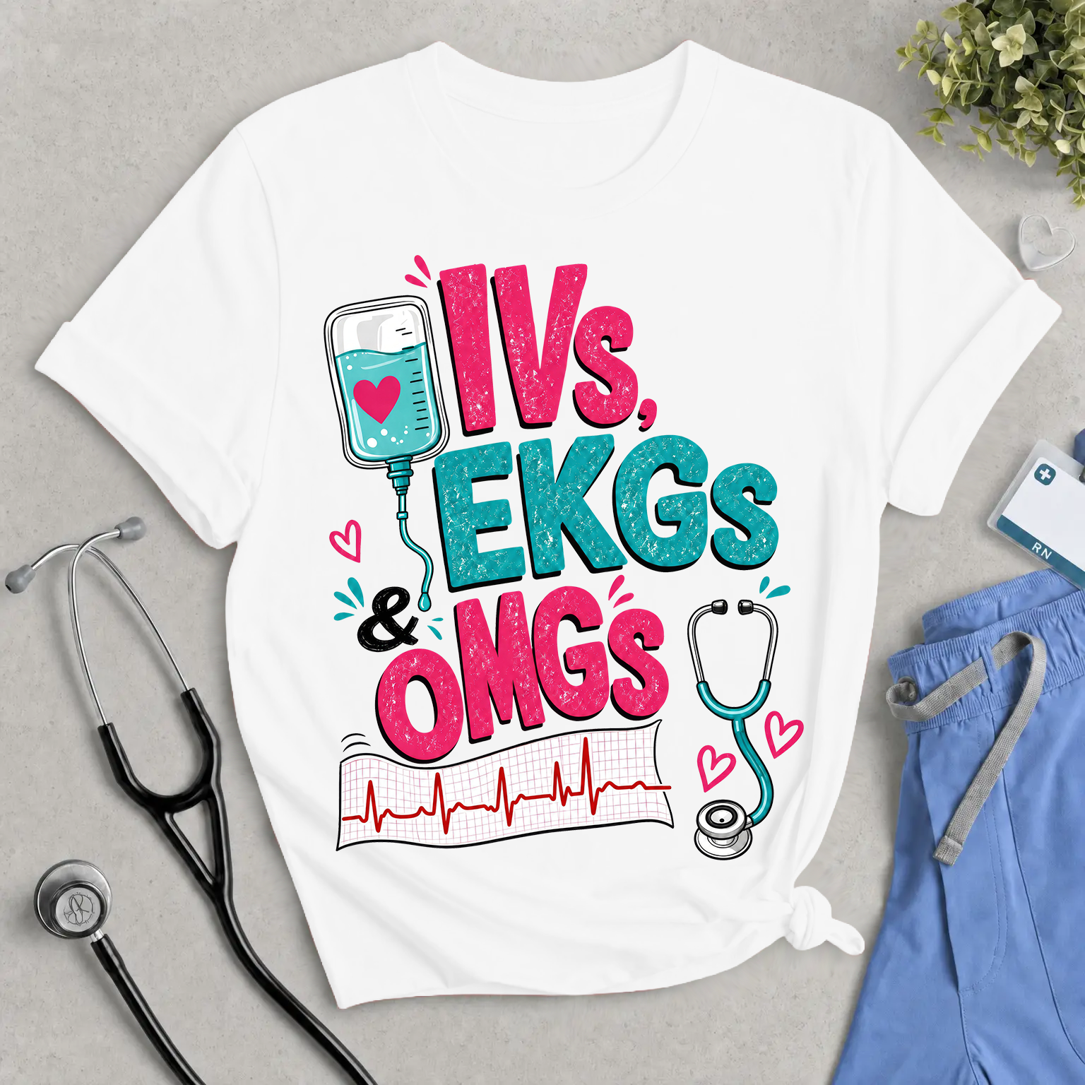 IVs, EKGs & OMGs T-Shirt - Cute & Funny Nurse Life Tee