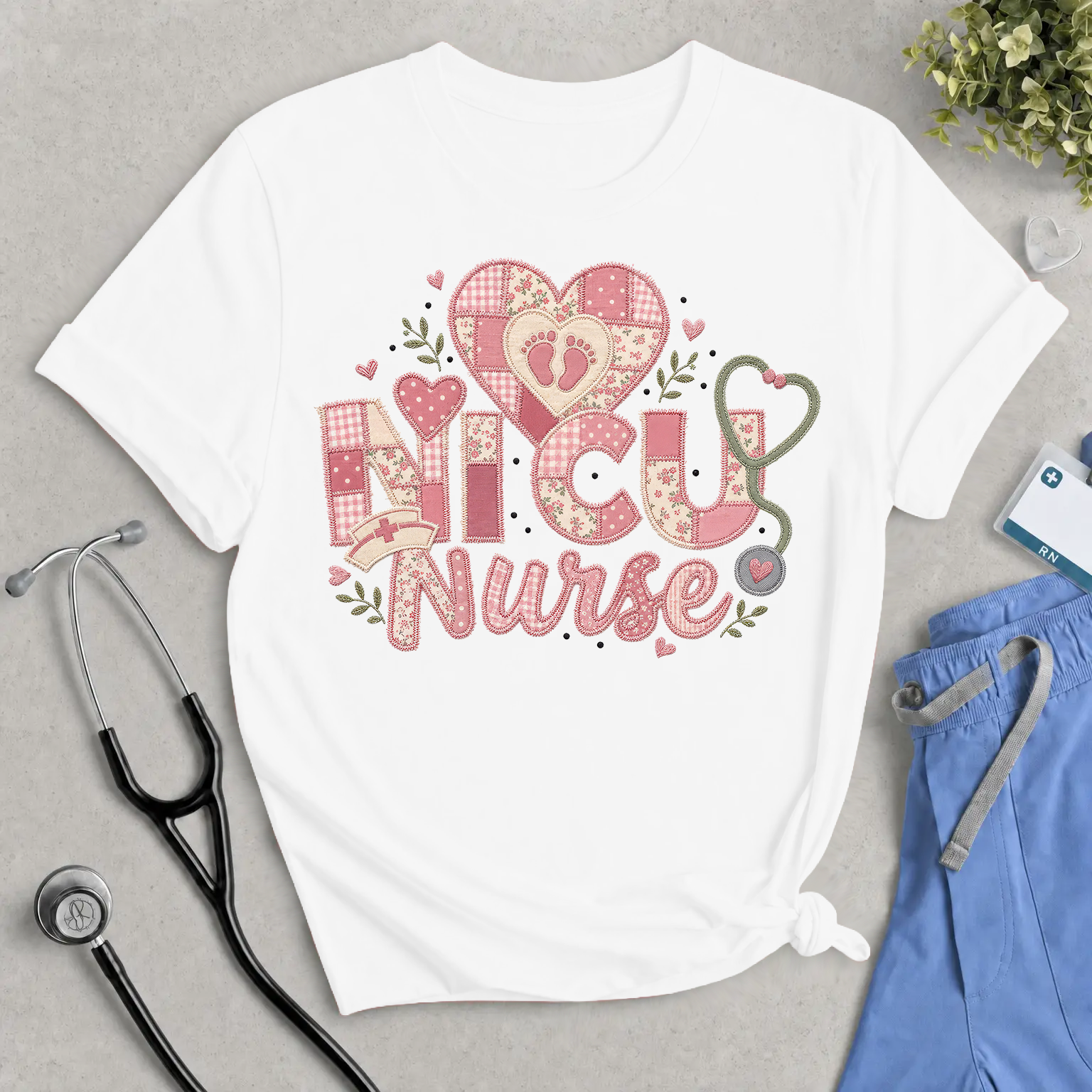 NICU Nurse Faux Patchwork T‑Shirt — Cute Pink Neonatal Nurse Tee