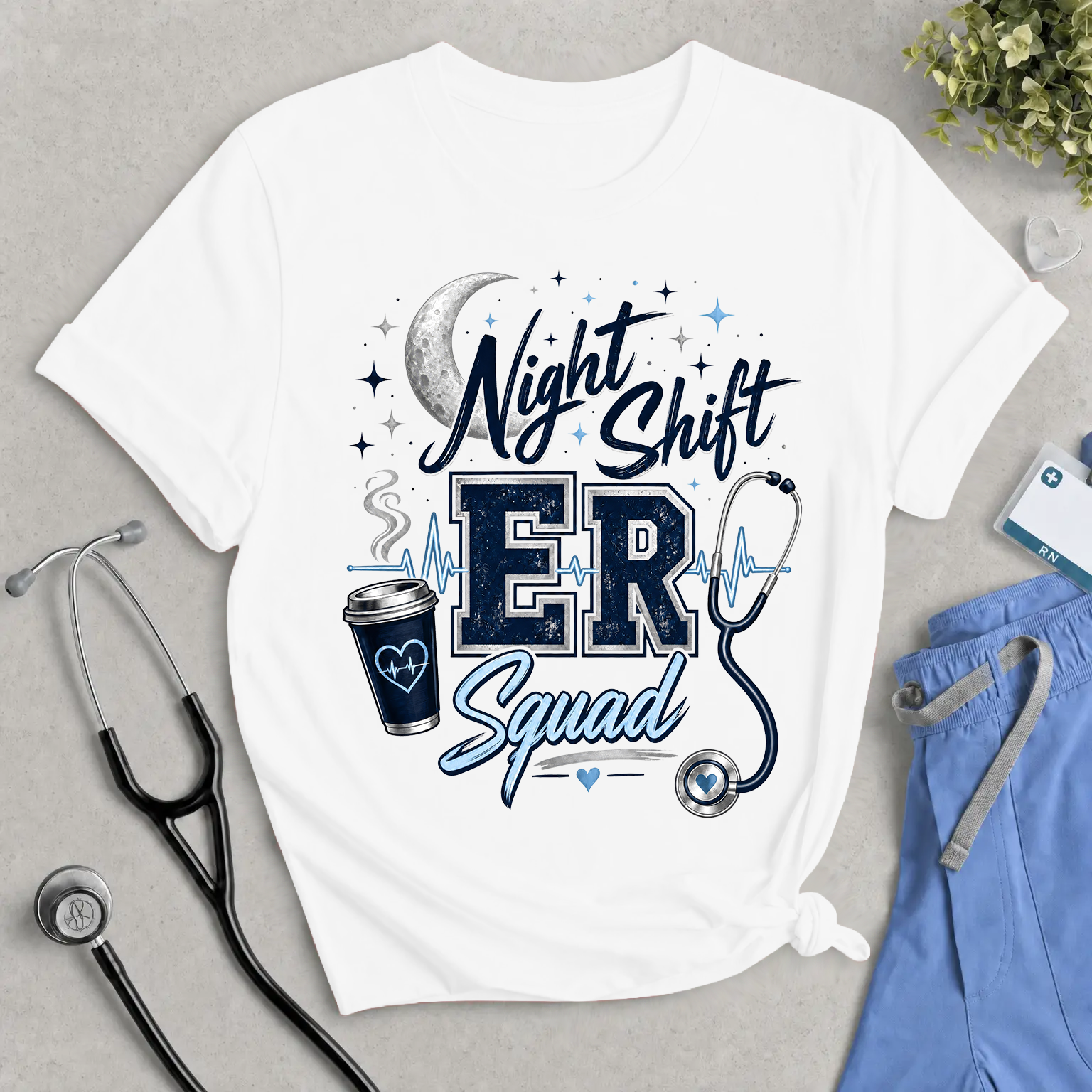 Night Shift ER Squad T-Shirt – Stethoscope & Coffee Nurse/Doctor Tee