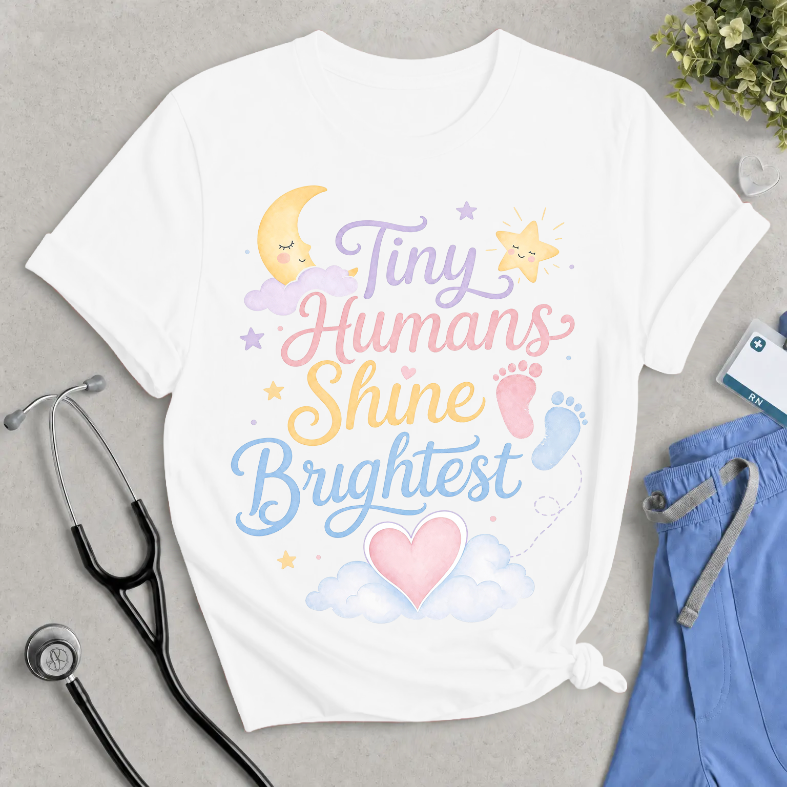 Tiny Humans Shine Brightest T-Shirt - Pastel Watercolor NICU, L&D, & Maternity Nurse Tee