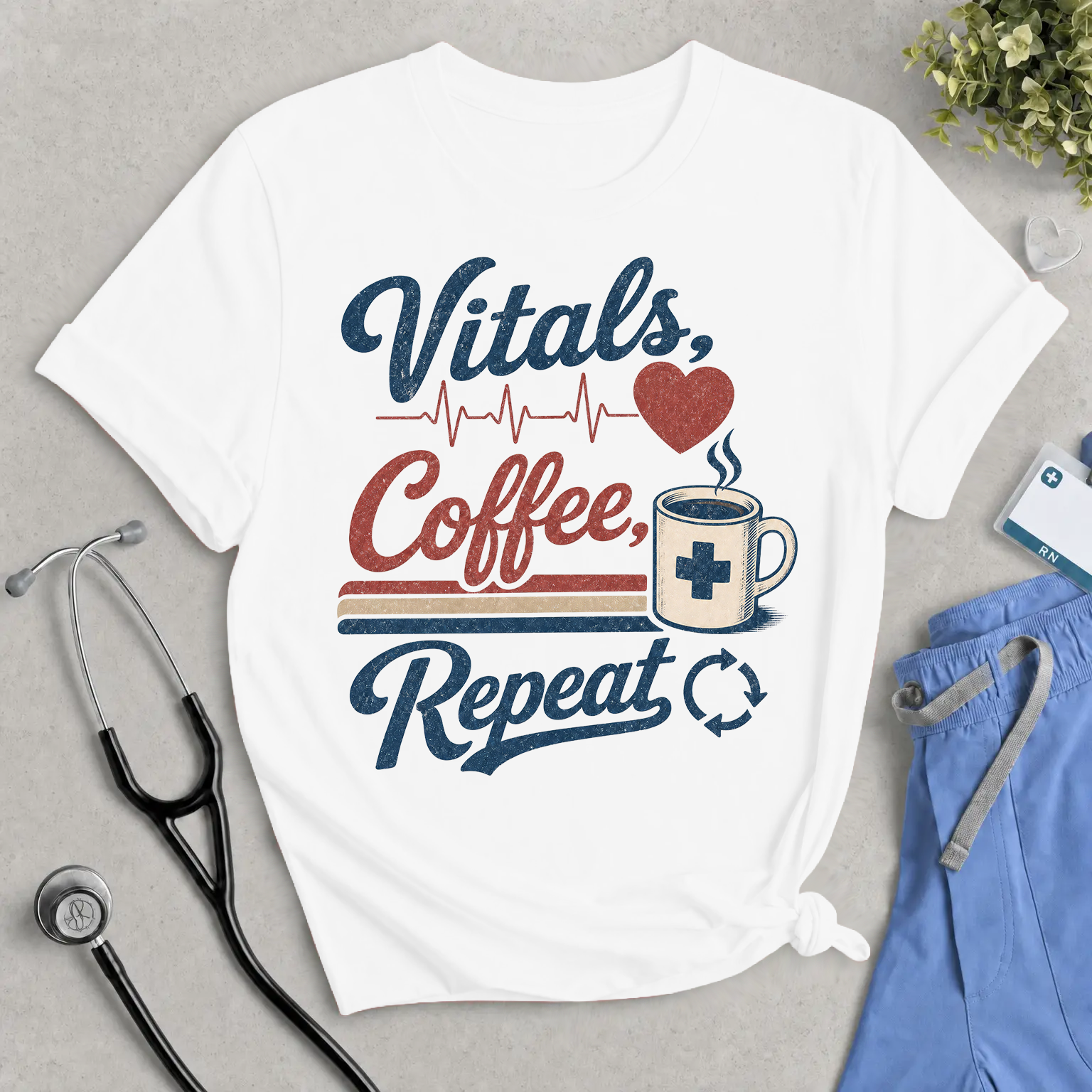 Vitals, Coffee, Repeat T‑Shirt — Nurse & Healthcare Worker Coffee Tee